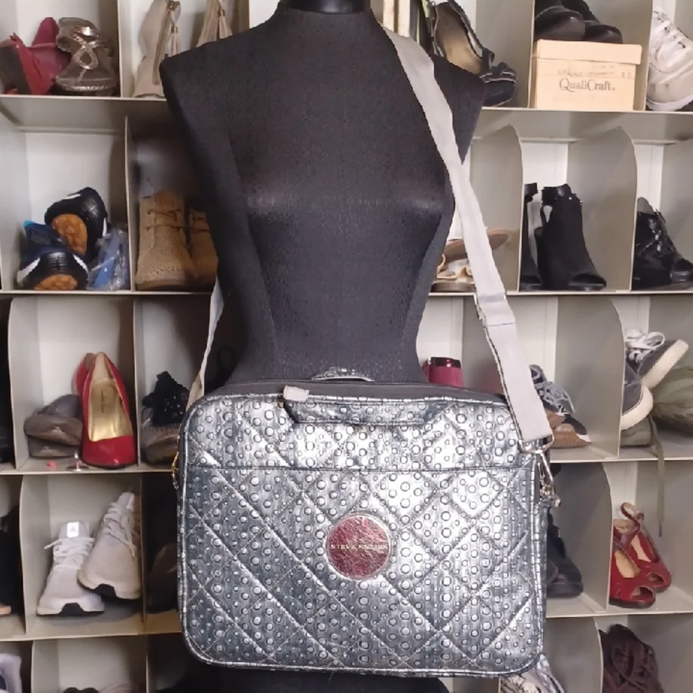 Steve Madden Metallic Silver Quilted Laptop Bag